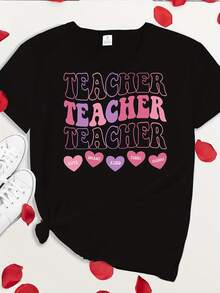 Camiseta de algodón 100% para mujer con estampado de profesora para el Día de San Valentín - Camiseta casual de manga corta y cuello redondo, adecuada para uso diario, actividades y como regalo en primavera y verano, ropa de profesora lavable a máquina para uso cotidiano. - Negro - Ver 1