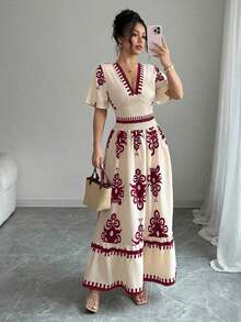 Vestido largo con mangas cortas, cintura fruncida y cinturón con estampado floral para mujeres - Multicolor 4 - Ver 6