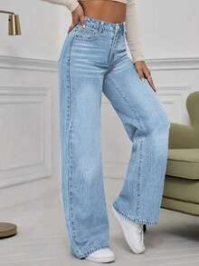 Women's Mid Waist Non Elastic Casual Loose Straight Leg Denim Pants Suitable For Daily Commuting And Home Wear - Light Blue - View 2
