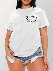 Women's Oversized Red Summer T-Shirt With  Face And Peace Sign Print. Casual Red Short-Sleeved T-Shirt With  Face, Ideal For Cool Summer Looks. - YH463-白色 - 查看 1
