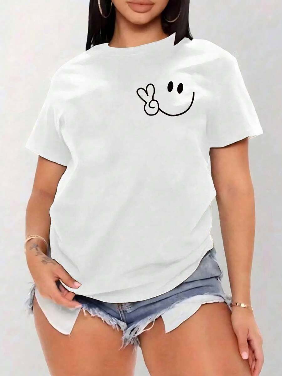 Women's Oversized Red Summer T-Shirt With Face And Peace Sign Print. Casual Red Short-Sleeved T-Shirt With Face, Ideal For Cool Summer Looks. - YH463-白色 - 查看 1