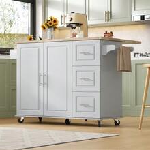 Large Mobile Kitchen Table L137*W43(76)*H92cm, Oak Top, Foldable, Multifunctional Furniture, 3 Drawers, Towel Rack, Ideal For The Kitchen, Dining Room, Home - Grey - View 4