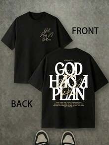 1 Pieza Camiseta Para Hombre De Manga Corta Casual Estilo Callejero Negro Con Estampado De Letras "God Has A Plan" Y Versículo Bíblico Jeremías 29:11 Cuello Redondo Con Impresión Gráfica Grande En La Espalda Y Pecho - Negro - Ver 10