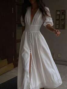 Vestido largo elegante estilo ins 2026, manga pompom, corte estilizado favorecedor con abertura - Blanco - Ver 1