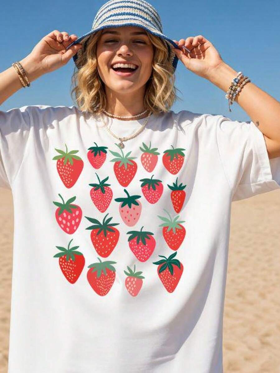 Camiseta con estampado de fresas, camiseta de mercado de frutas de verano, camiseta. 220 g de algodón puro unisex. Peso ideal para todas las estaciones, apta para hombres y mujeres. Tejido duradero de alta calidad, suave al tacto y de larga duración. Camiseta transpirable. Adecuada para la primavera y el verano, vacaciones, Día de la Madre, Día de la Independencia. - Blanco - Ver 1