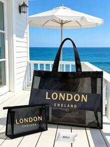 Bộ túi tote lưới in hình London, Anh, màu đen, kèm túi đựng đồ có khóa kéo, túi xách tote trong suốt dung tích lớn, lý tưởng cho bãi biển, hồ bơi, du lịch và sử dụng hàng ngày, túi tote chống thấm nước đựng đồ bơi, khăn tắm và đồ dùng cần thiết, phù hợp cho phụ nữ, du khách và những người yêu thích biển, hoàn hảo cho kỳ nghỉ hè, du lịch và quà tặng ngày lễ, đa năng như túi tote đi biển, túi hồ bơi, túi du lịch và túi mua sắm. - Nhiều màu - Xem 3