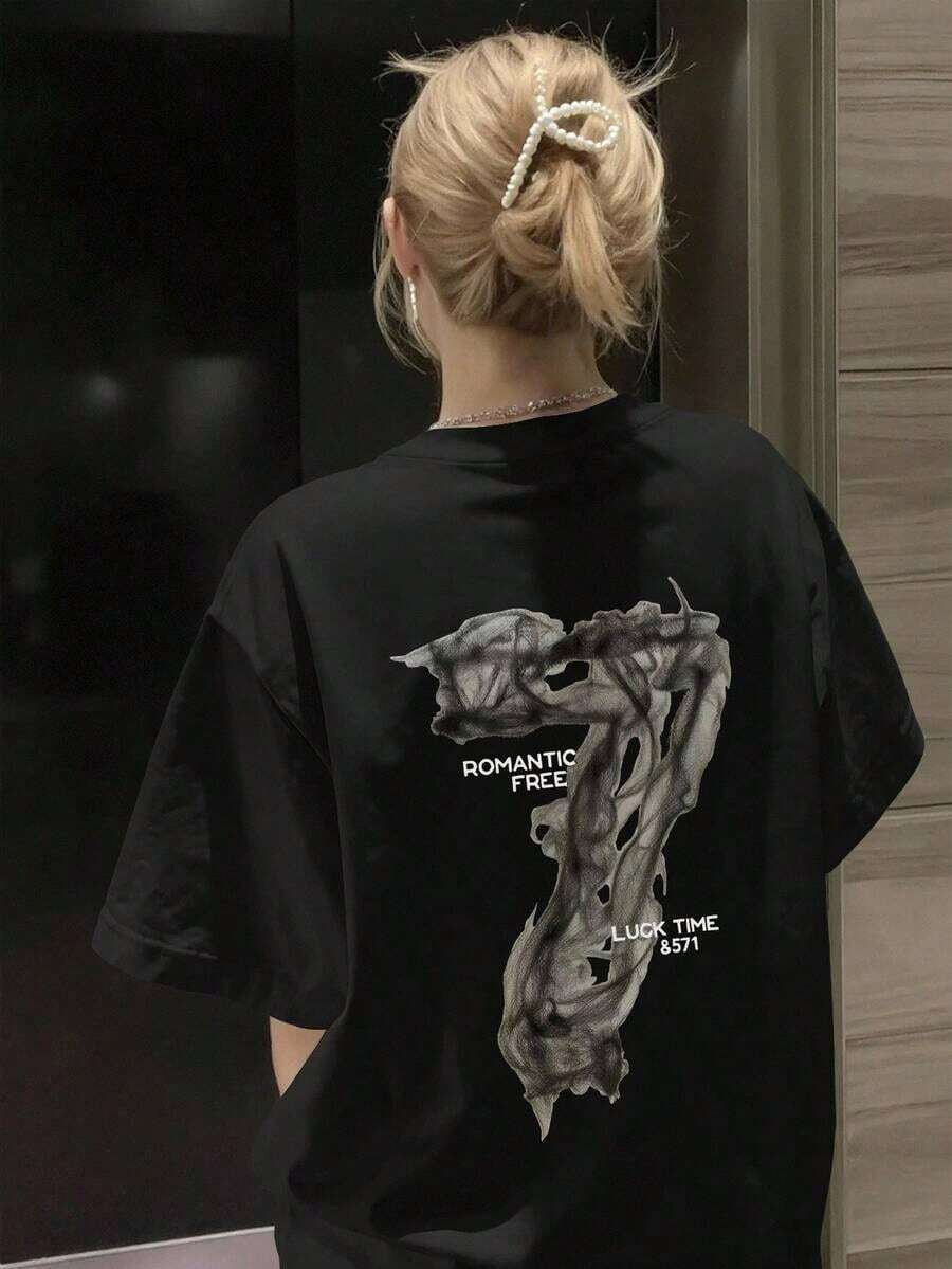Vintage Camiseta de manga corta con estampado gráfico 7 oversize para mujer, ropa de verano de modaFashion   Cuello Redondo Algodón 100% Tejido Suave Manga Corta Transpirable y Fresca - Negro - Ver 1