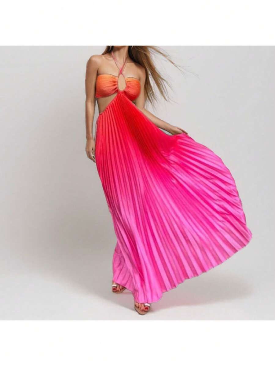 Long Gradient Dress With Halter Neck And Openwork, Elegant And Sensual Style Spring 2026 - Red - View 1