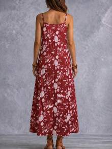 Spring/Summer Plus Size Women's Elegant Floral Print Spaghetti Strap V-Neck Dress With 3/4 Sleeve Sheer Cardigan Two Pieces Set Vacation - Red - View 3