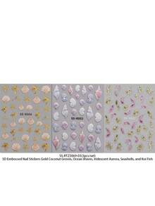 3pcs 5D Embossed Aurora Seashell & Golden Palm Tree Nail Stickers - 3D Koi Fish Wave Nail Art Decals - Summer/Vacation/Wedding/Music Festival DIY 3D Decorative Stickers - Multicolor - View 10