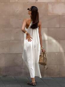 Women's Long French Style Dress Summer 2026, White Loose Fit, Halter Neck, A-Line Style, Exclusive Design - 白色 - 查看 5
