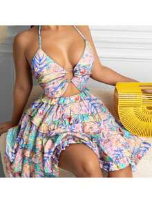 Vestido pastel de cuello V halter con calados elegantes y sensuales, estilo europeo americano primavera 2026. - Rosa - Ver 1
