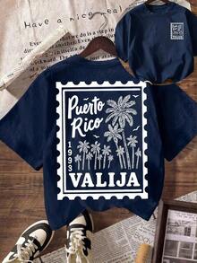 Camiseta casual de mujer con cuello redondo y manga corta, con un estampado gráfico de palmeras y cocoteros en el borde, ideal para vacaciones de primavera y verano. - Azul marino - Ver 6