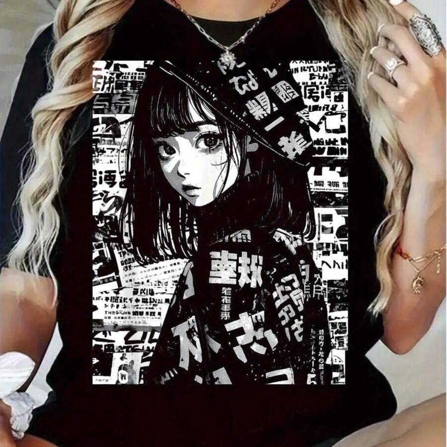 Under The Radar - Camiseta Oversize de Anime y Manga para Mujer - Estampado de Cómic Japonés Shoujo, Camiseta Negra de Manga Corta, Corte Holgado, Estilo Casual de Verano para Atuendos Informales - Estilo Urbano Vintage Unisex, Camiseta de Algodón de Manga Corta con Cuello Redondo - Negro - Ver 1