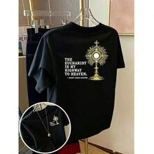 Camiseta de Mujer Under The Radar | Camiseta Casual de Manga Corta con Cuello Redondo y Estampado de "La Eucaristía Es Mi Carretera al Cielo" de San Carlo de , Adecuada para Verano y Primavera, Ropa de Mujer, Camiseta de Manga Corta con Estampado Gráfico, Temática de San Valentín, San Patricio y Pascua, Estilo Casual Diario - Camiseta Unisex de Algodón, Cuello Redondo, Manga Corta, Estilo Vintage Urbano. - Negro - Ver 1