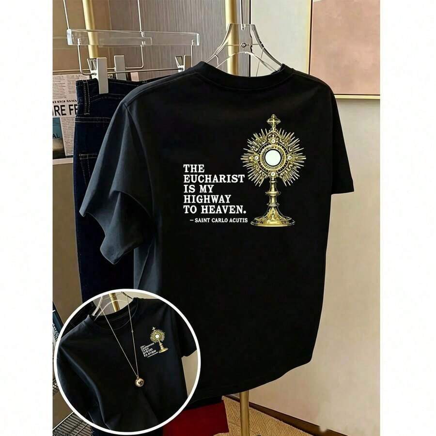 Camiseta de Mujer Under The Radar | Camiseta Casual de Manga Corta con Cuello Redondo y Estampado de "La Eucaristía Es Mi Carretera al Cielo" de San Carlo de , Adecuada para Verano y Primavera, Ropa de Mujer, Camiseta de Manga Corta con Estampado Gráfico, Temática de San Valentín, San Patricio y Pascua, Estilo Casual Diario - Camiseta Unisex de Algodón, Cuello Redondo, Manga Corta, Estilo Vintage Urbano. - Negro - Ver 1