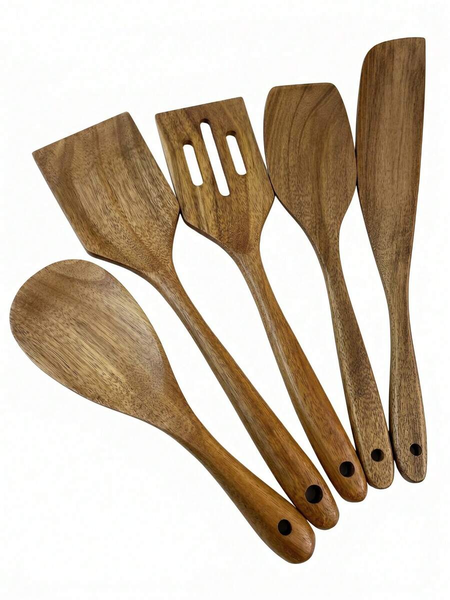 1/5 set peralatan dapur kayu, termasuk spatula wajan, peralatan dapur kayu alami, sendok sup, sendok nasi, spatula tumis kayu, set peralatan makan, sendok panci kayu, dan sendok sayur. - Akasia - View 1