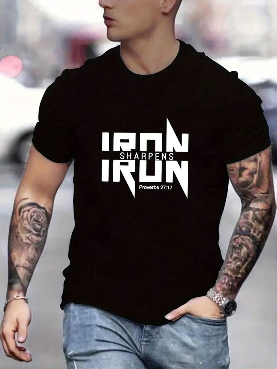 Nueva Camiseta de Verano para Hombre, Casual, de Moda, de Manga Corta, Estampada, Microelástica, de Cuello Redondo, Cómoda y Transpirable - Negro - Ver 1