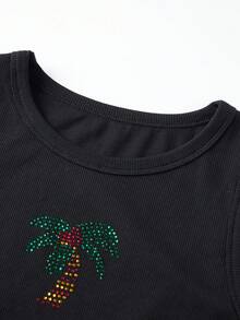 Women's Summer Tank Tops Elegant Rhinestone Palm Tree Decor Sleeveless Round Neck Ribbed Vest For Beach Daily Wear - Black - View 7
