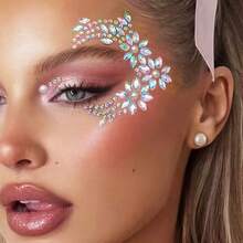 Iridescent Moon Shape, Face Rhinestone Sticker With Pearl & AB Rhinestone Accents, Self-Adhesive Face Decor Sticker For Stage, Party Makeup, Shiny Effect, Easy To Apply On Skin, Music Festival Glam Makeup Embellishment - Multicolor - View 2