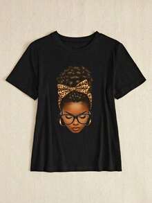 Camiseta de manga corta casual para mujer  con estampado de personajes, adecuada para el verano, camisetas con estampado de guepardo, tops de mujer, camiseta de verano. - Negro - Ver 3