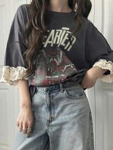 Camiseta de manga corta para mujer con ajuste holgado, estampado de letras, parches de encaje, de algodón transpirable, versátil para primavera/verano, camisetas gráficas oversize para mujer - Gris 2 - Ver 10