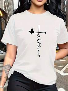 Women's T-Shirt, Plus Size, "Faith" Design Combining Christian Cross And Butterfly Prints, Modern And Simple, Round Neck, Casual, Versatile, Short Sleeve, Suitable For Daily Wear, Travel, Vacation And Other Occasions 915 (Pants Not Included) Women's T-Shirts - 白色 - 查看 1