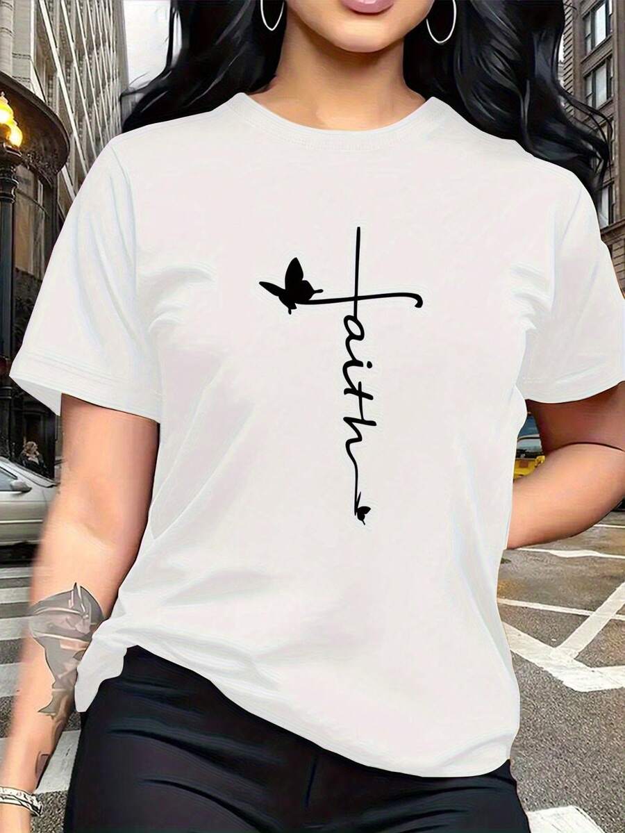 Women's T-Shirt, Plus Size, "Faith" Design Combining Christian Cross And Butterfly Prints, Modern And Simple, Round Neck, Casual, Versatile, Short Sleeve, Suitable For Daily Wear, Travel, Vacation And Other Occasions 915 (Pants Not Included) Women's T-Shirts - 白色 - 查看 1