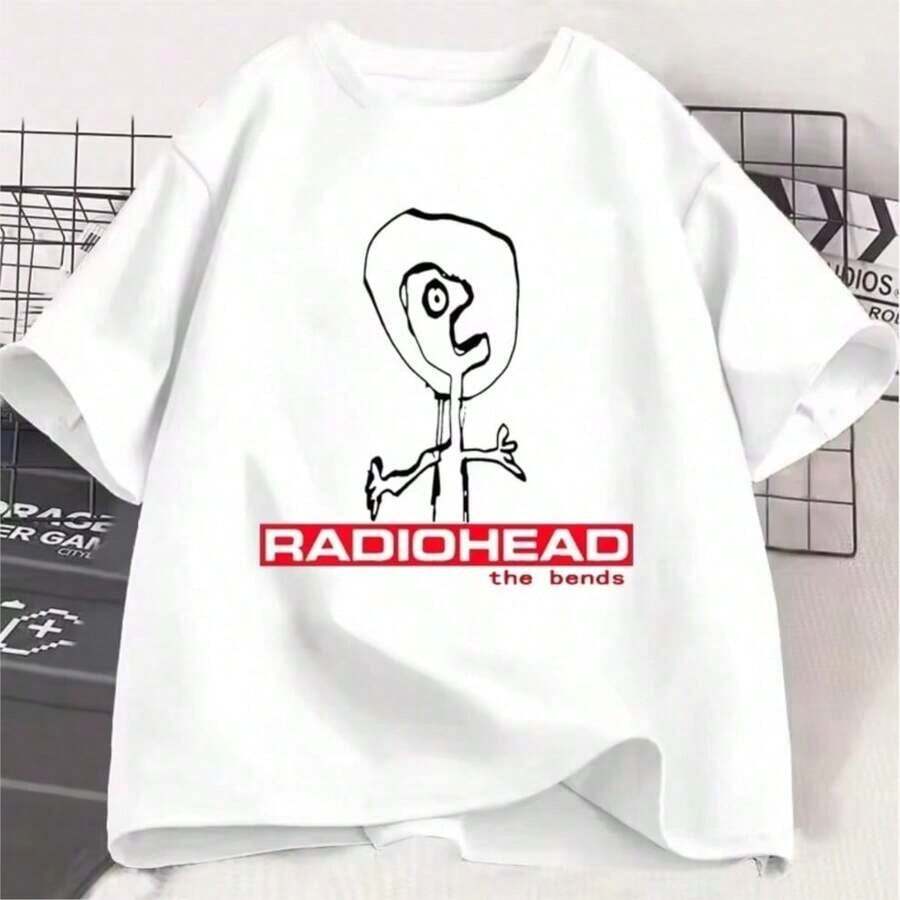 Camiseta de verano Radiohead The Bends, holgada, informal, estilo hip-hop, para hombre y mujer, ropa de calle, estilo Harajuku, con estampado de dibujos animados y letras, para parejas, 100% algodón. - Blanco - Ver 1