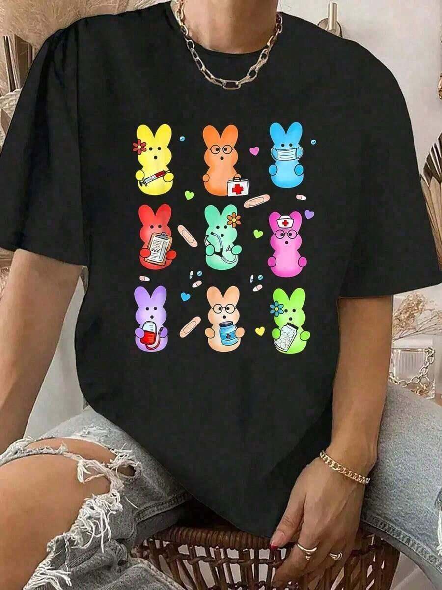Camiseta Vintage con Estampado de Enfermera Conejita para Pascua, Camiseta de Cuello Redondo para Verano, Top Suave de Manga Corta para Mujer, Camiseta Elegante y Cómoda para Mujer, Camisetas Gráficas de Modaropa de calor mujer - Negro - Ver 1