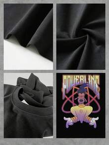 Gráfico vibrante con personaje animado que irradia energía positiva y poder en tonos morado y amarillo evocando confianza y diversión juvenil camiseta de mujer  cómoda y moderna para uso diario y ocasiones casuales - Negro - Ver 4