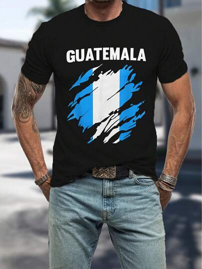 Maglietta da uomo con stampa grafica digitale del Guatemala, in poliestere, a maniche corte, girocollo, leggera e comoda.