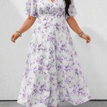 Clasi Loose V-Neck Batwing Sleeve Blue & White Ceramic Print Casual Holiday Plus Size Dress - Morado - Ver 1