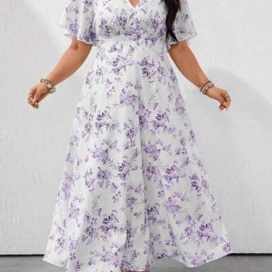 Clasi Loose V-Neck Batwing Sleeve Blue & White Ceramic Print Casual Holiday Plus Size Dress - Morado - Ver 1