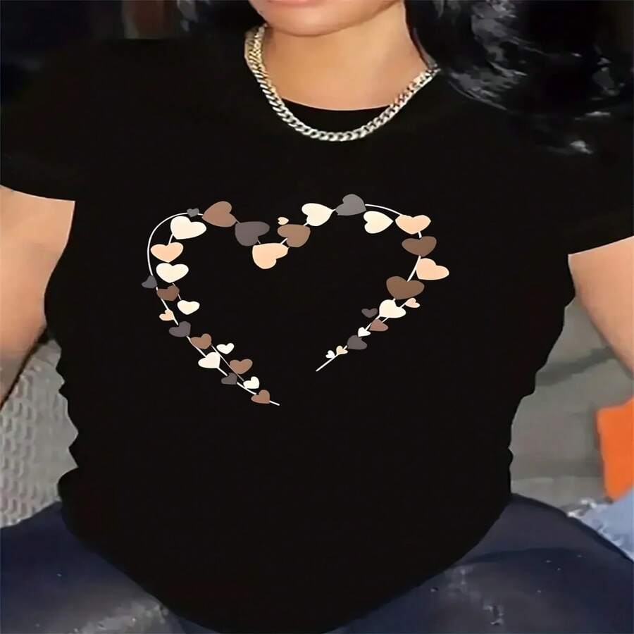 Women's Sexy Casual Cotton Round Neck Short Sleeve T-Shirt with Heart Print Graphic Top - Negro - Ver 1