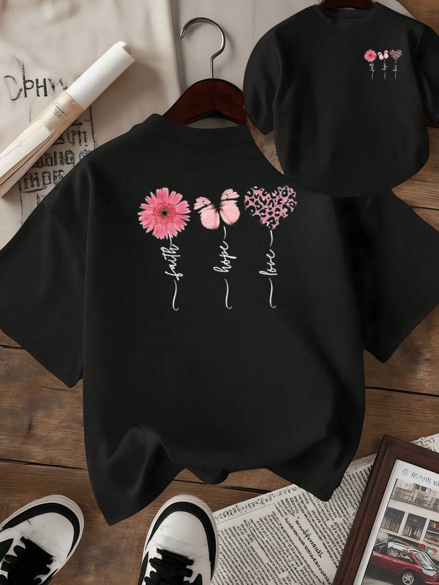 Bright Pink Flower Next To Soft Butterfly And Heart Print Symbolizes Faith, Hope And Love, Conveying Positive Energy And Natural Beauty. Women's Double-Sided Casual T-Shirt Comfortable For Everyday Wear. - 黑色 - 查看 1