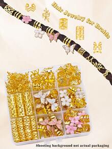 54pcs Floral Fantasy Hair Rings, Including White Heart, Pearl, Daisy, Pink Butterfly And Camellia, Multi-Shape Adjustable Braided Hair Accessories - Gold - View 6