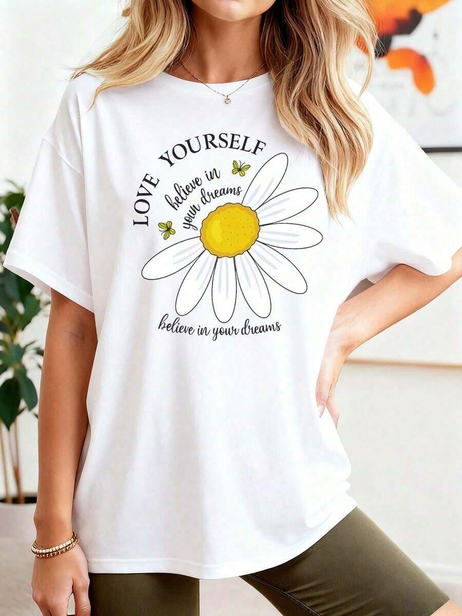 Camiseta de Mujer con Estampado de Margaritas, Talla Grande, Tela Suave y Transpirable, Ligera (2) - Blanco - Ver 1