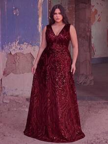 Faeriesty Elegant Sleeveless V-Neck Evening Gown, Adorned With Intricate Embroidery And Shimmering Sequins - A Luxurious Formal Dress Suitable For Weddings, Red Carpet Events, And Formal Galas, Also An Ideal Choice For Summer Vacations. Party Spring - 酒紅色 - 查看 3