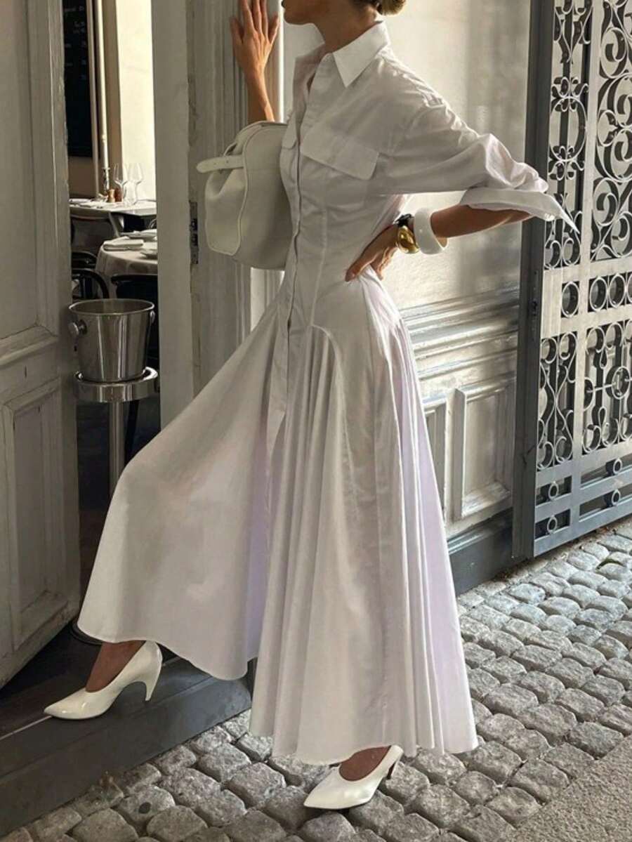 Vestido camisero blanco plisado, cuello solapa, manga larga, cintura alta, botones simples, estilo elegante largo - Blanco - Ver 1
