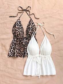 2 piezas Camiseta sin espalda con escote en V y tirantes con estampado de leopardo sexy, adecuada para vacaciones, citas, té de la tarde, vacaciones, festivales de música, estilo bohemio - Multicolor 2 - Ver 4