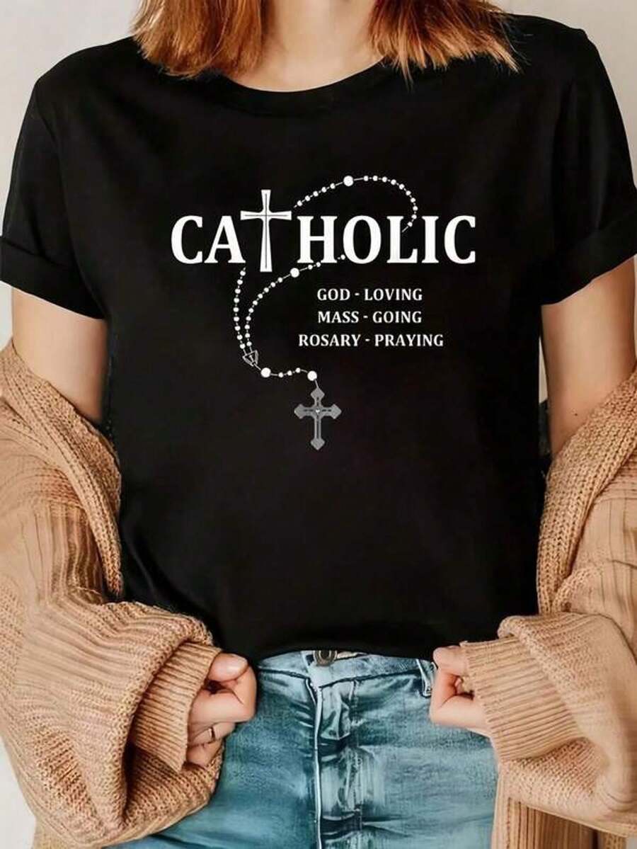 Una camiseta de manga corta para mujer, moderna, a la moda, retro, holgada, suave y cómoda, adecuada para actividades al aire libre en primavera y verano, con un estampado de oración católica, cuello redondo y estilo casual.blusas para mujer,blusas casuales para dama,tops,, mujer premium,y2k,playeras de mujer curvy,ofertas y liquidaciones ropa mujer,playeras deportivas para mujer,,playeras de hombre, mujer,blusas>elegante 45PY - Negro - Ver 1