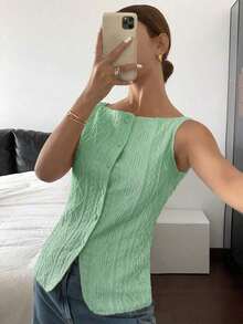 Camisa informal sin mangas con textura geométrica y abotonadura sencilla para mujer - Verde 2 - Ver 4
