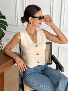 Chaleco elegante de mujer de unicolor con cuello en V sin mangas, decorado con botones metálicos, para verano, playa, vacaciones, estilo boho, tropical, casual, de oficina, de salida elegante, para la escuela y vacaciones, color albaricoque - Albaricoque - Ver 7