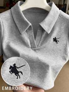 Camiseta de manga corta ajustada con cuello bordado para mujer - Gris - Ver 1