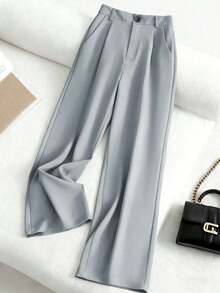 Pantalones casuales sueltos con bolsillos plisados de unicolor para mujer - Gris Claro - Ver 6