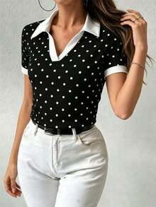 Camiseta de mujer con cuello polo, manga corta, estampado de lunares y parches - Negro - Ver 4