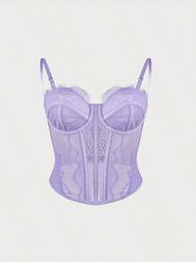 1 pieza Parte superior corta ajustada con adorno de encaje de moda para mujer, camiseta interior ajustada sexy tipo corsé, adecuada para fiesta, viaje, reunión, Navidad, San Valentín, vacaciones de verano casual - Morado - Ver 1