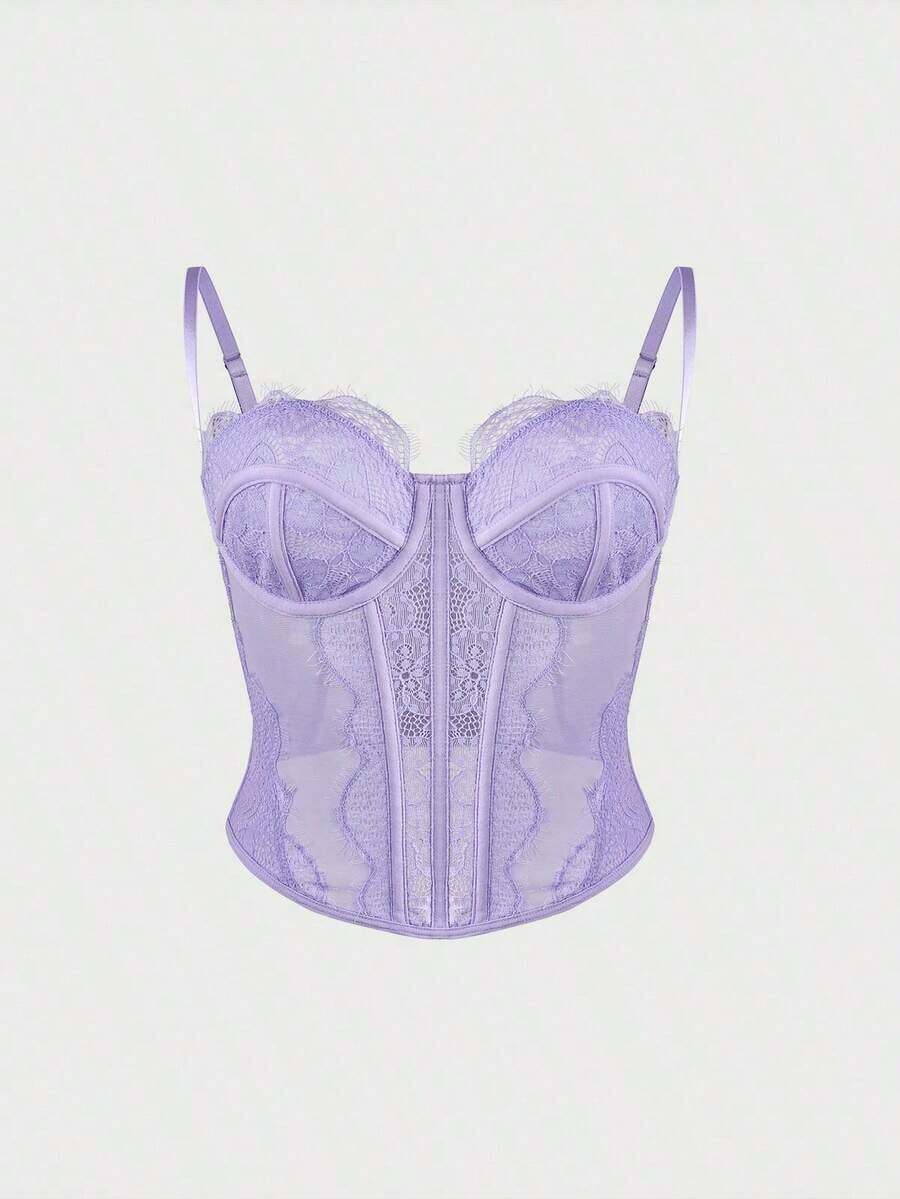 1 pieza Parte superior corta ajustada con adorno de encaje de moda para mujer, camiseta interior ajustada sexy tipo corsé, adecuada para fiesta, viaje, reunión, Navidad, San Valentín, vacaciones de verano casual - Morado - Ver 1