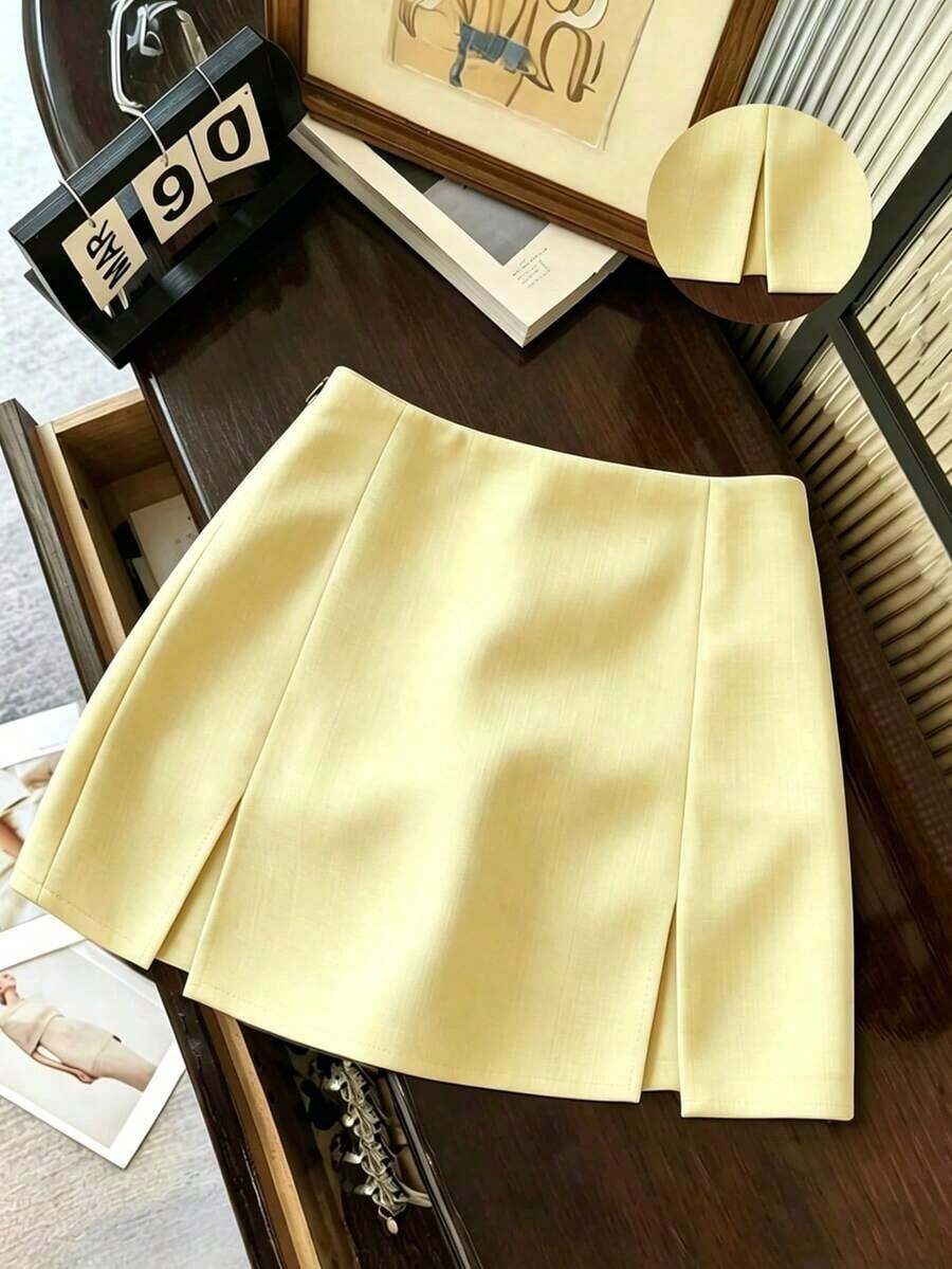 Falda casual versátil de cintura baja con abertura, falda gris, falda A-line de doble capa con bajo con abertura, falda casual de mujer, mini falda, falda corta ajustada de cintura alta con abertura, falda casual versátil para uso diario, r - Amarillo claro - Ver 1
